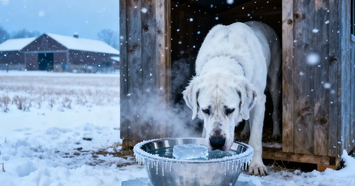 A large, sad-looking white Great Dane stands in a snowy farmyard, staring at its frozen blue plastic water bowl, a scene that illustrates the critical need for an outdoor automated heated animal bowl to ensure animals have access to drinking water in winter.