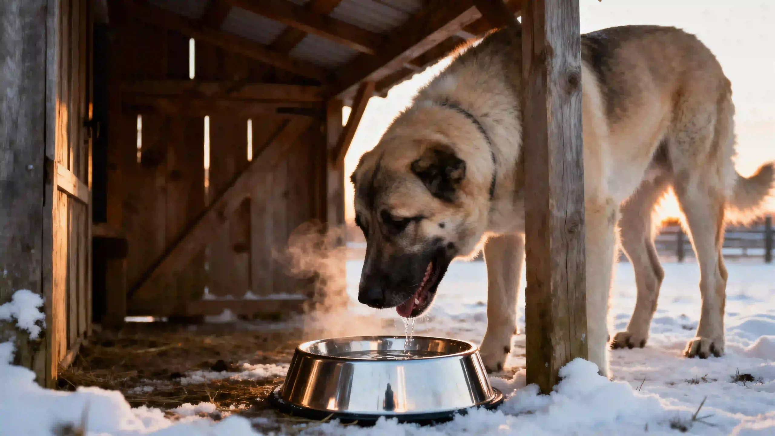 An Anatolian Shepherd dog drinks peacefully from a steam-heated stainless steel bowl during a snowy dawn on a farm. The bowl is placed safely under a wooden barn overhang, illustrating the practical solution for preventing water freezing in winter.