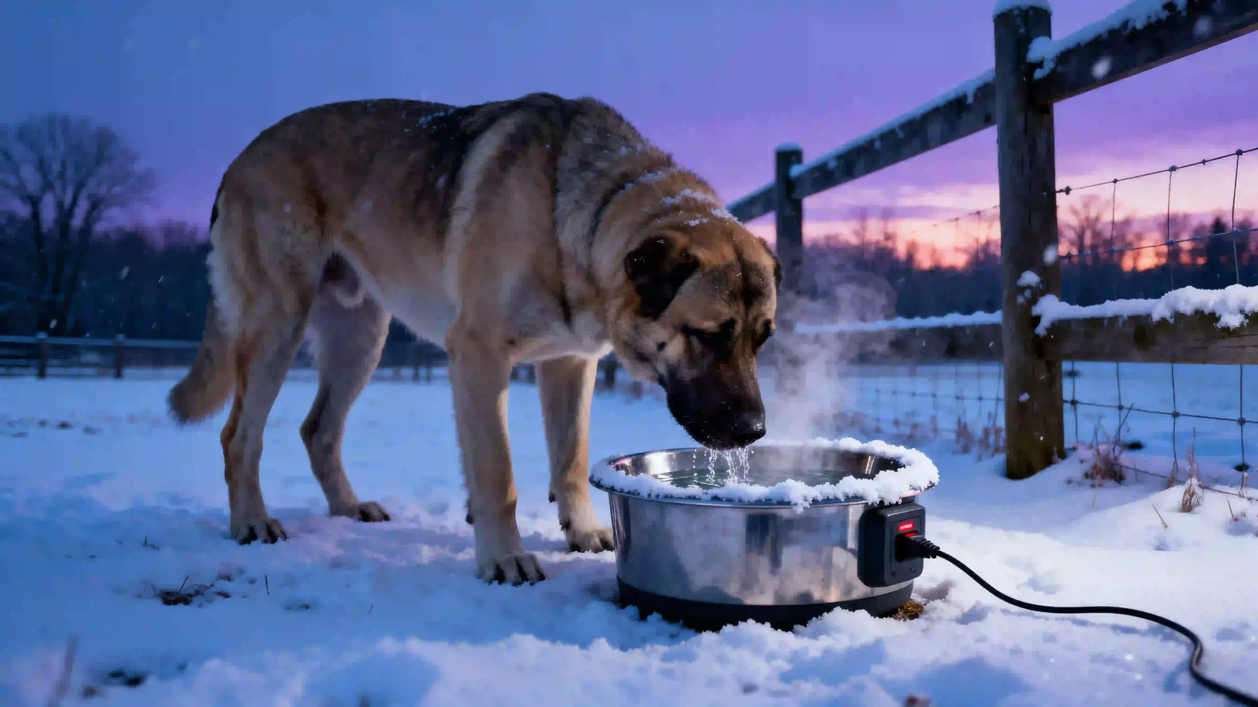 An Anatolian Shepherd guard dog drinks from a sturdy stainless steel heated dog bowl during a harsh snowstorm at dusk. The bowl, covered with a dusting of snow on the rim, emits visible steam from the unfrozen water inside, showcasing its effectiveness in extreme cold. The scene is set on a remote farm with snowy ground and bare trees, highlighting the product's durability and importance for livestock guardian dogs in winter.
