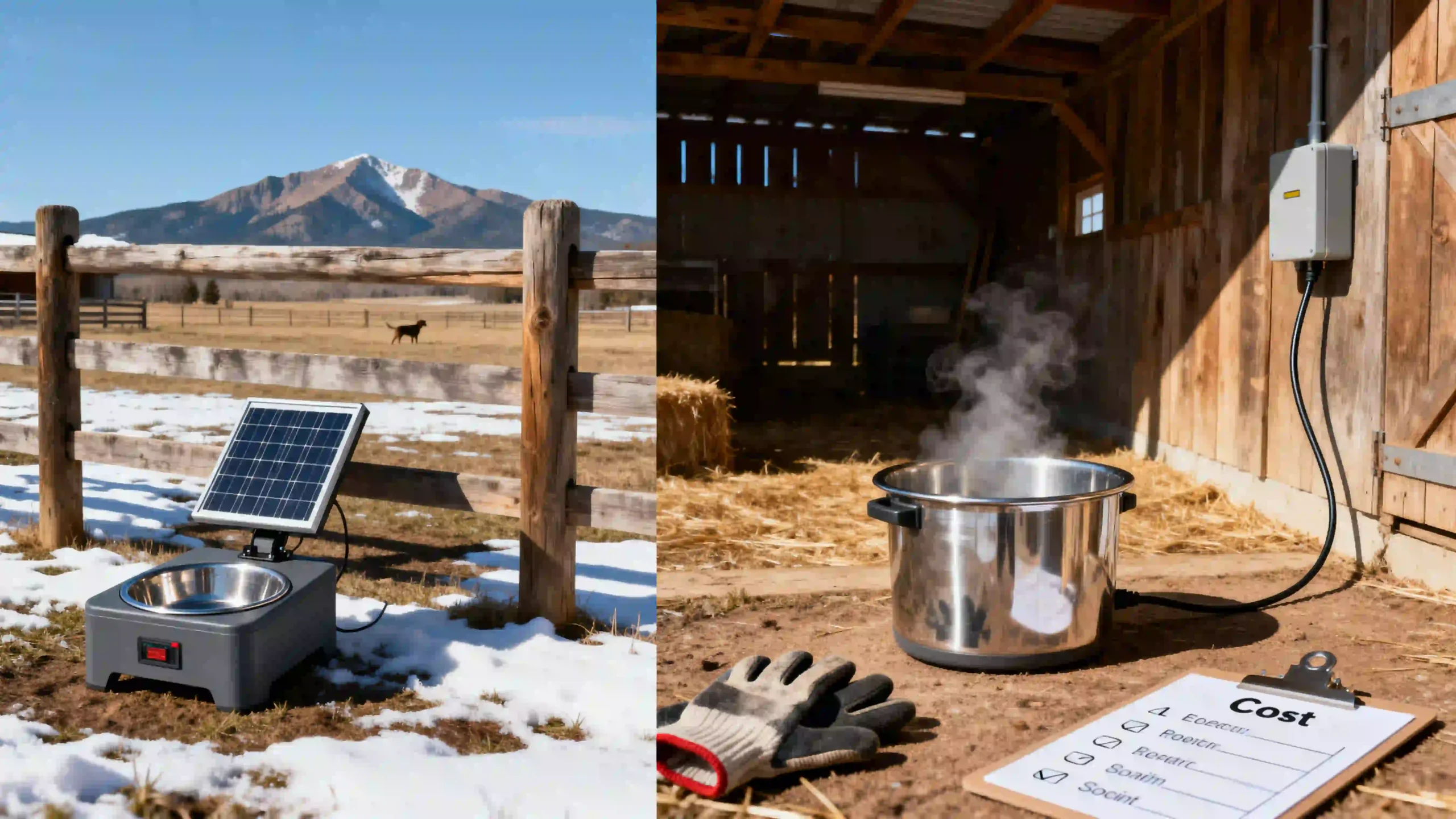 An infographic-style split-image comparison of solar vs electric heated dog bowls for farms. On the left, a solar-powered bowl with a small panel sits in a remote sunny pasture, but the panel is partially shaded/snowy, indicating limitations. On the right, a sturdy stainless steel electric heated bowl rests under a dry barn eave, connected by a chew-resistant cord, with steam rising from the water. In the foreground, a pair of work gloves and a checklist comparing key factors like reliability, cost, and ease of installation lie on the ground.