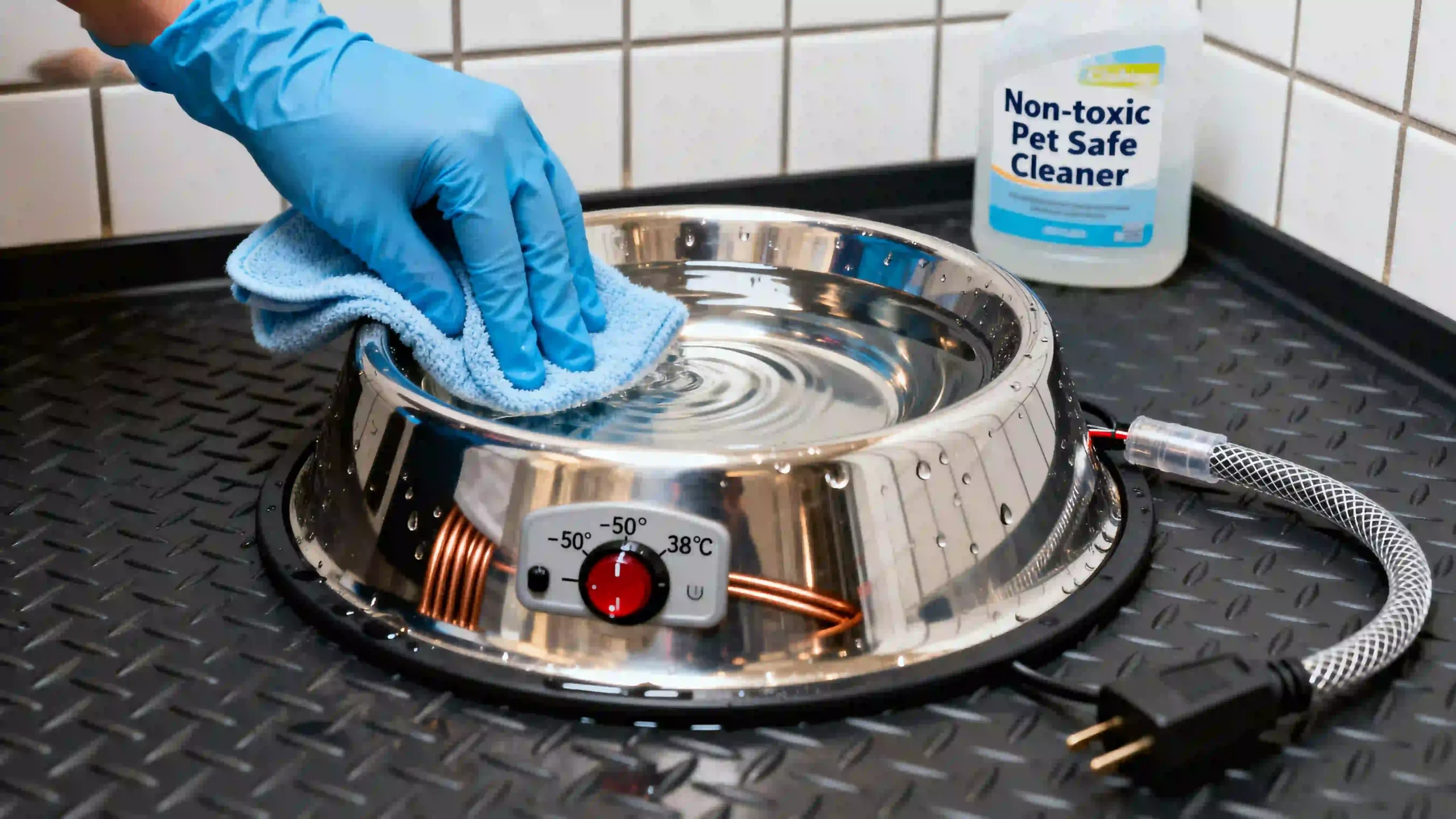 A close-up of a heated stainless steel dog bowl being cleaned in a kennel, showing staff maintaining the bowl’s safety and hygiene for winter hydration.