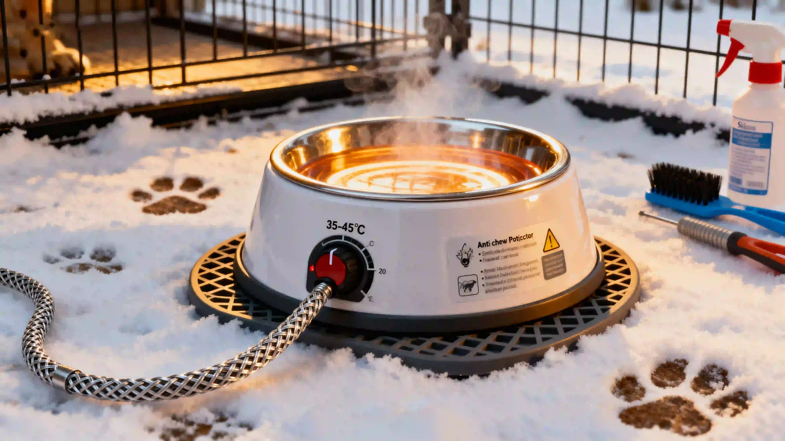 A close-up view of a heated dog bowl with anti-chew cord protector, thermostatic control, and non-slip base, set in a winter kennel environment.