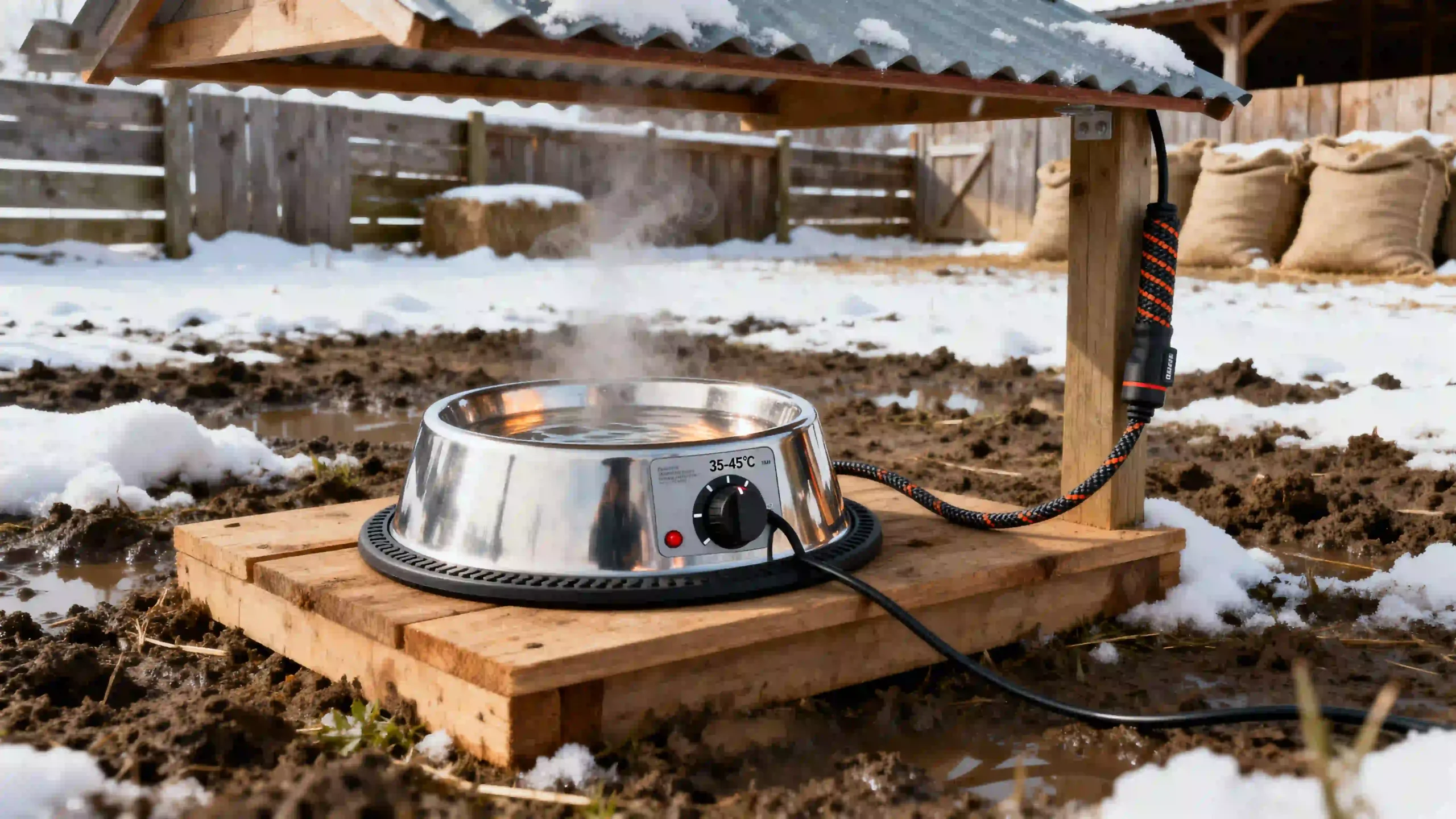 A close-up of a thermostatically controlled heated dog bowl with chew-proof cord, placed on a raised platform, designed for farm use in freezing conditions.