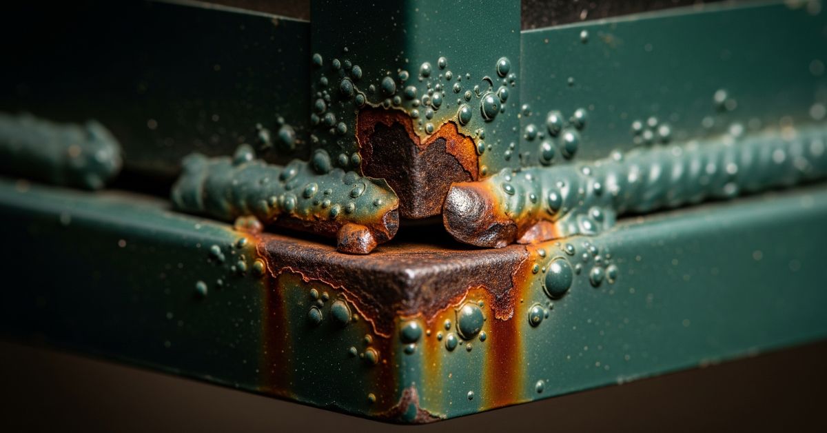 A close-up image showing significant rust and bubbling paint on the welded corner of a dark green, powder-coated steel kennel feeder, illustrating a common point of failure.