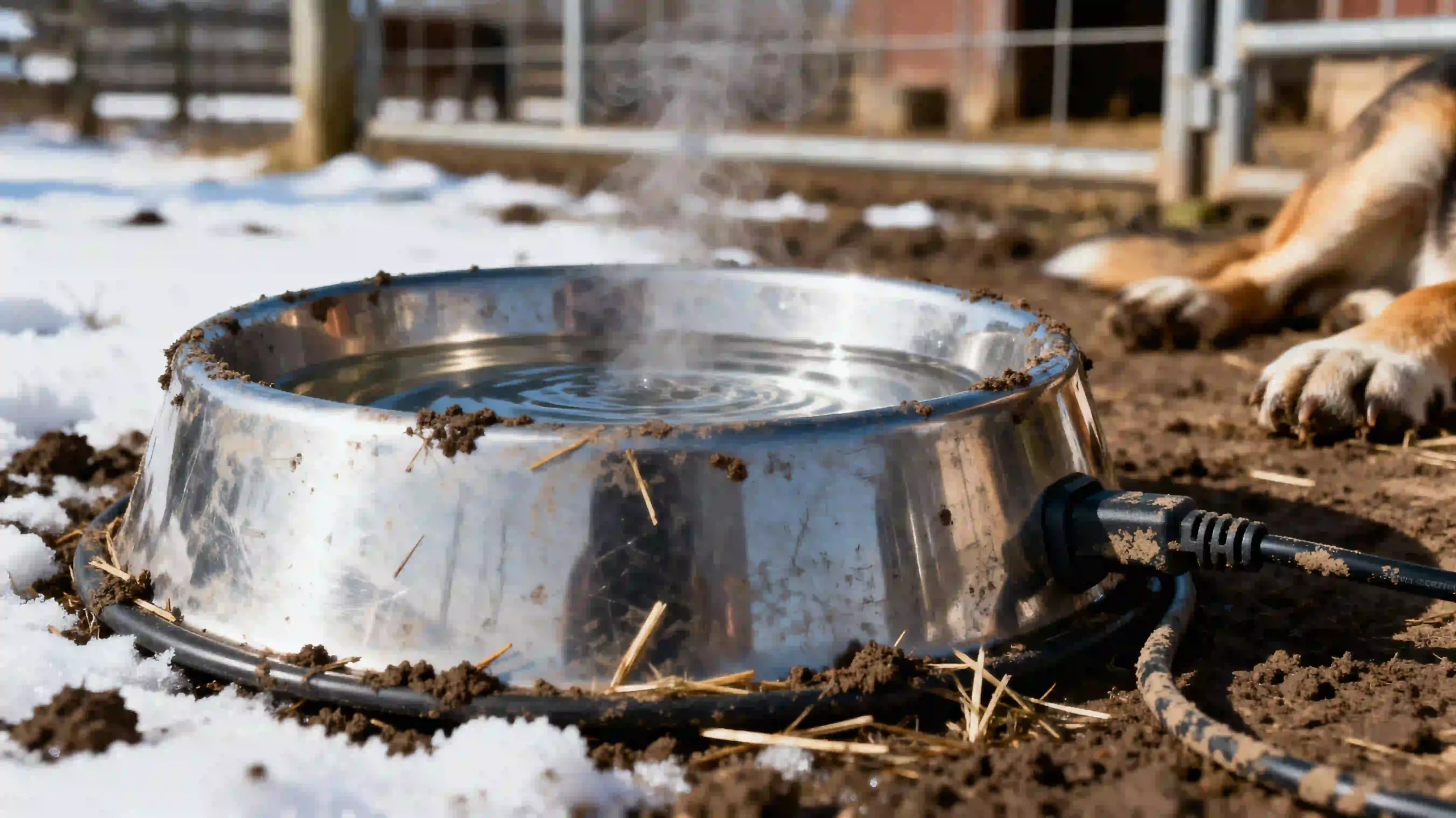 A detailed close-up of a heavily scratched and worn but intact stainless steel heated dog bowl, resting in a muddy and snowy farm landscape. The rim is caked with dirt and straw, but clear, unfrozen water inside emits a wisp of steam into the cold air. Its chew-resistant cord, covered in mud, trails away undamaged. In the soft-focus background, a farm fence and the paw of a resting working dog are visible, completing the scene of rugged reliability earned through hard use.