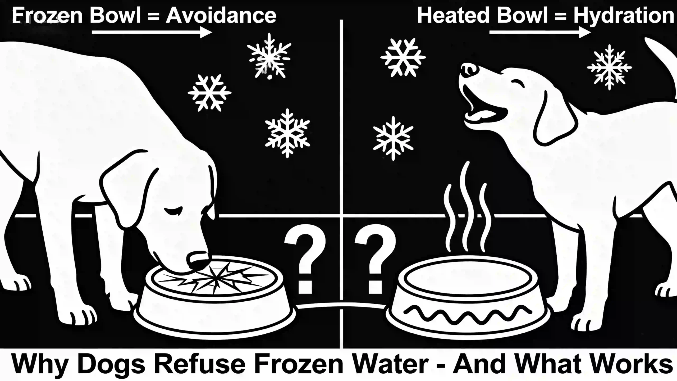 comparing a dog avoiding a frozen bowl versus drinking from a heated WoofTrainer bowl. Labels highlight behavioral differences. Snowy backdrop emphasizes winter hydration solutions.