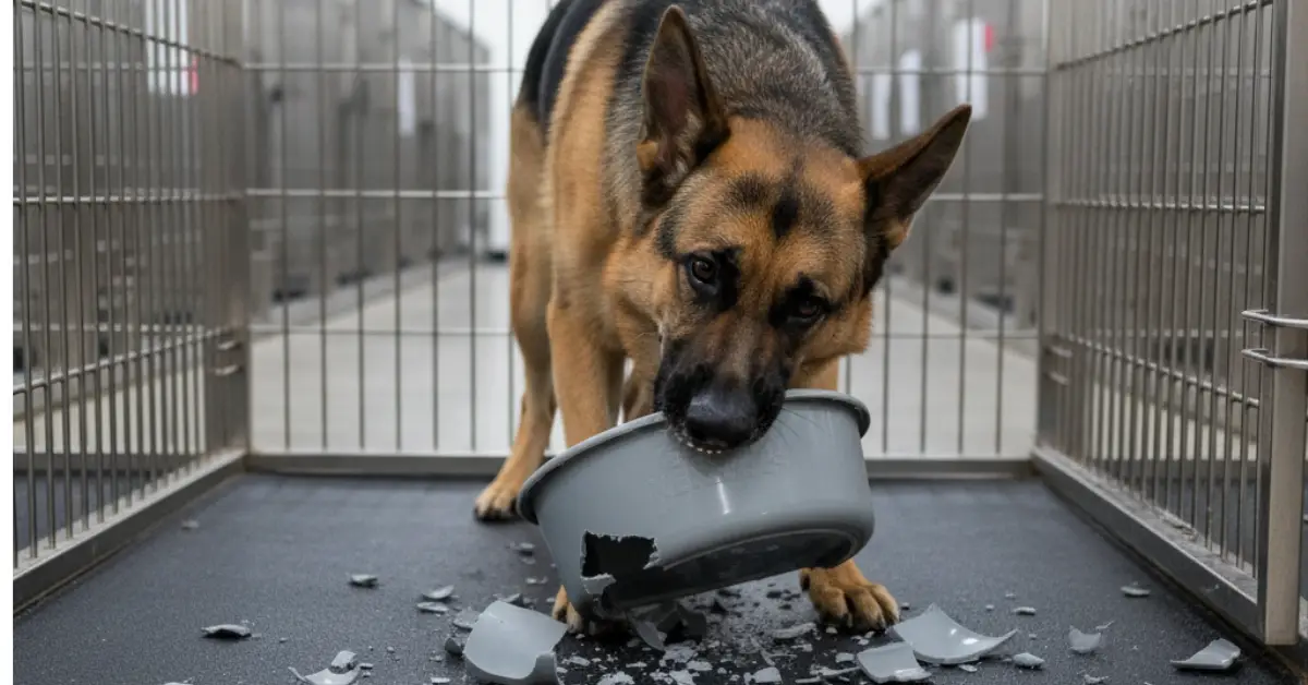 A German Shepherd in a stainless steel kennel, actively chewing on a destroyed blue Gator Kennels plastic dog bowl, with fragments of the bowl visible.