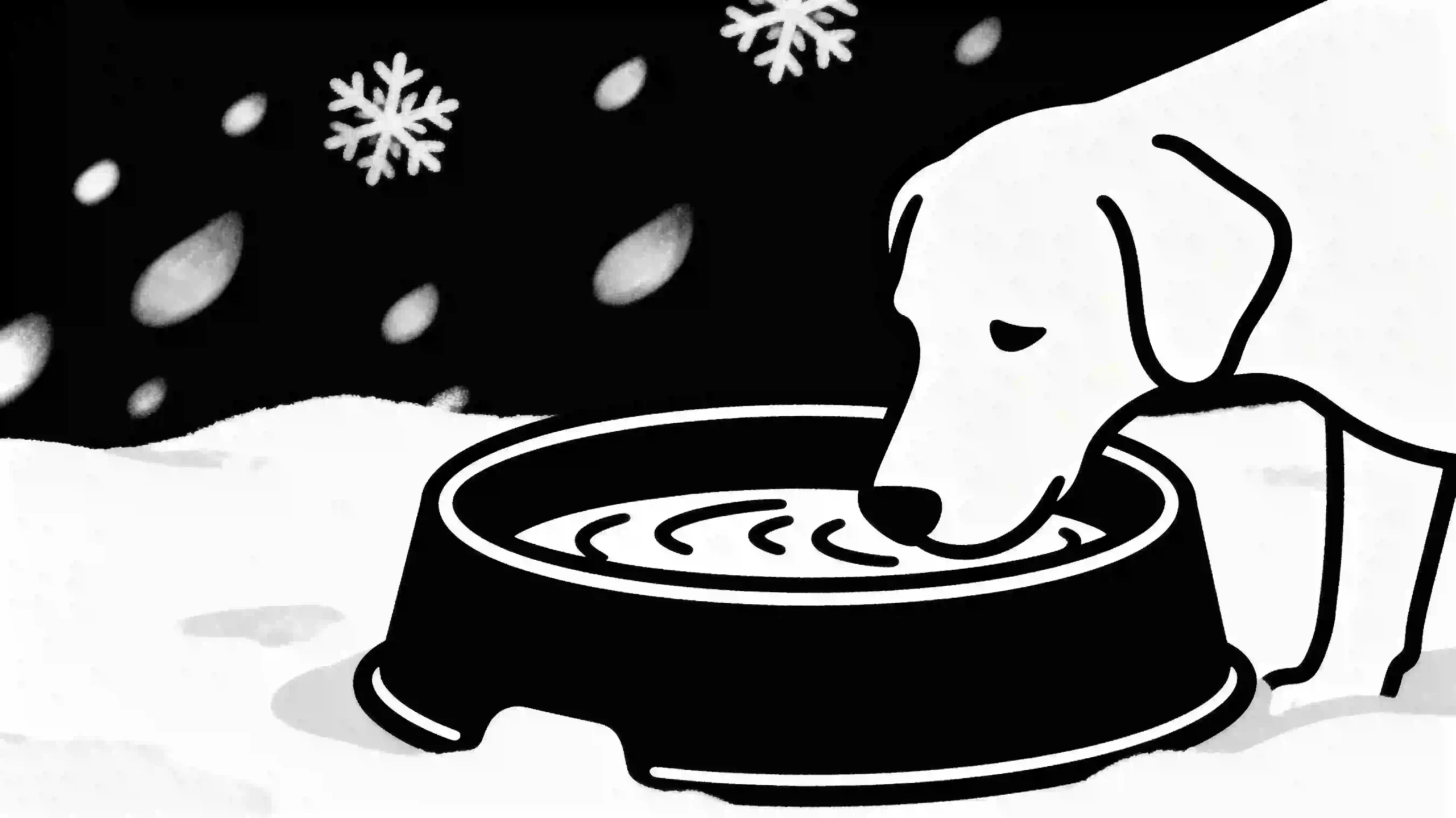 a dog drinking from a heated water bowl with gentle ripples, preventing freezing in a snowy environment.