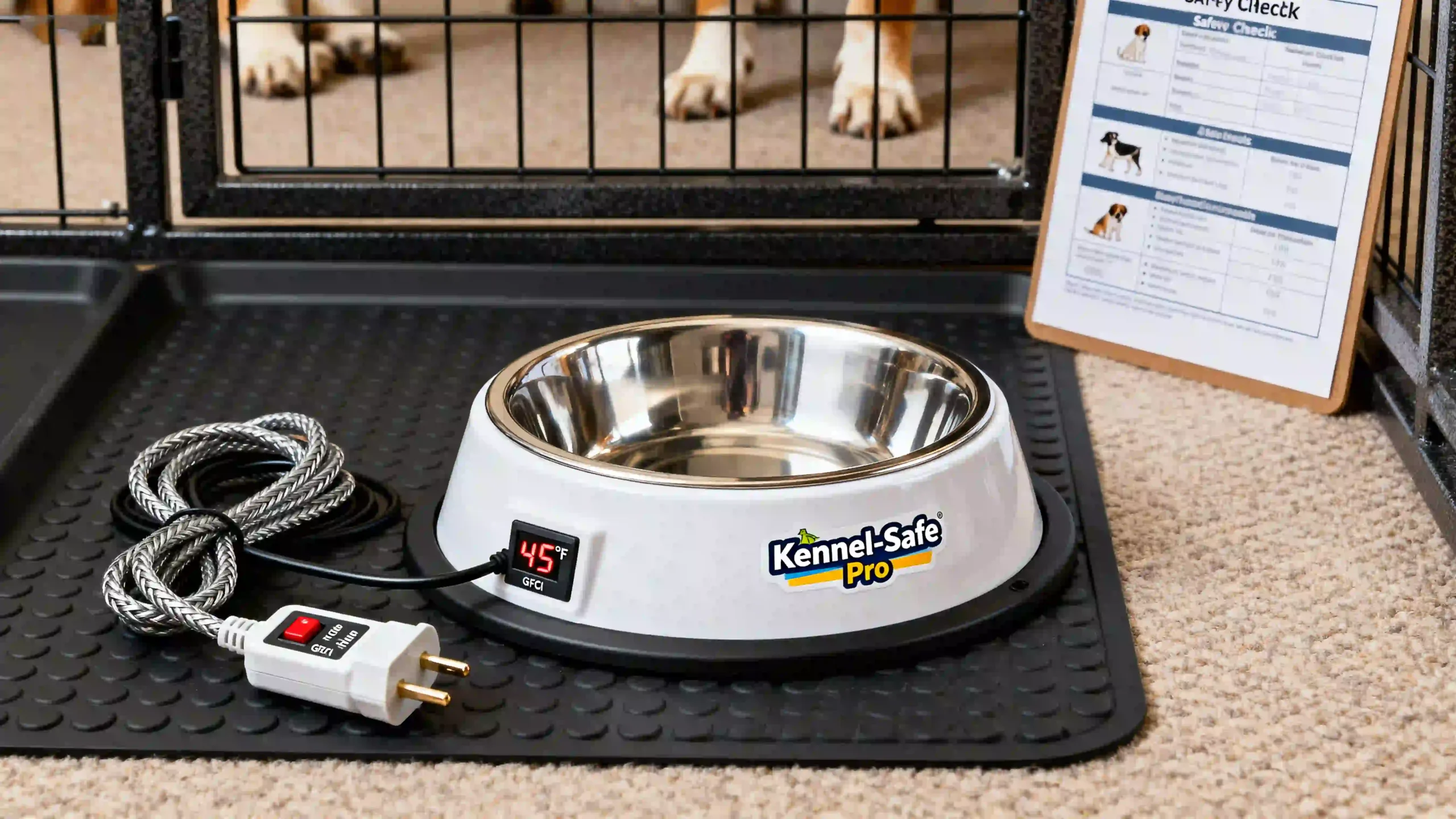 Close-up of kennel-safe heated dog bowl showing critical safety features: sealed waterproof heating element (preventing electrical hazards), steel-reinforced chew-proof cord, GFCI-protected plug, and thermostatic control maintaining safe 45°F water temperature. Stainless steel construction resists cracking in freezing temperatures - ideal for boarding facilities complying with UK animal welfare electrical safety standards