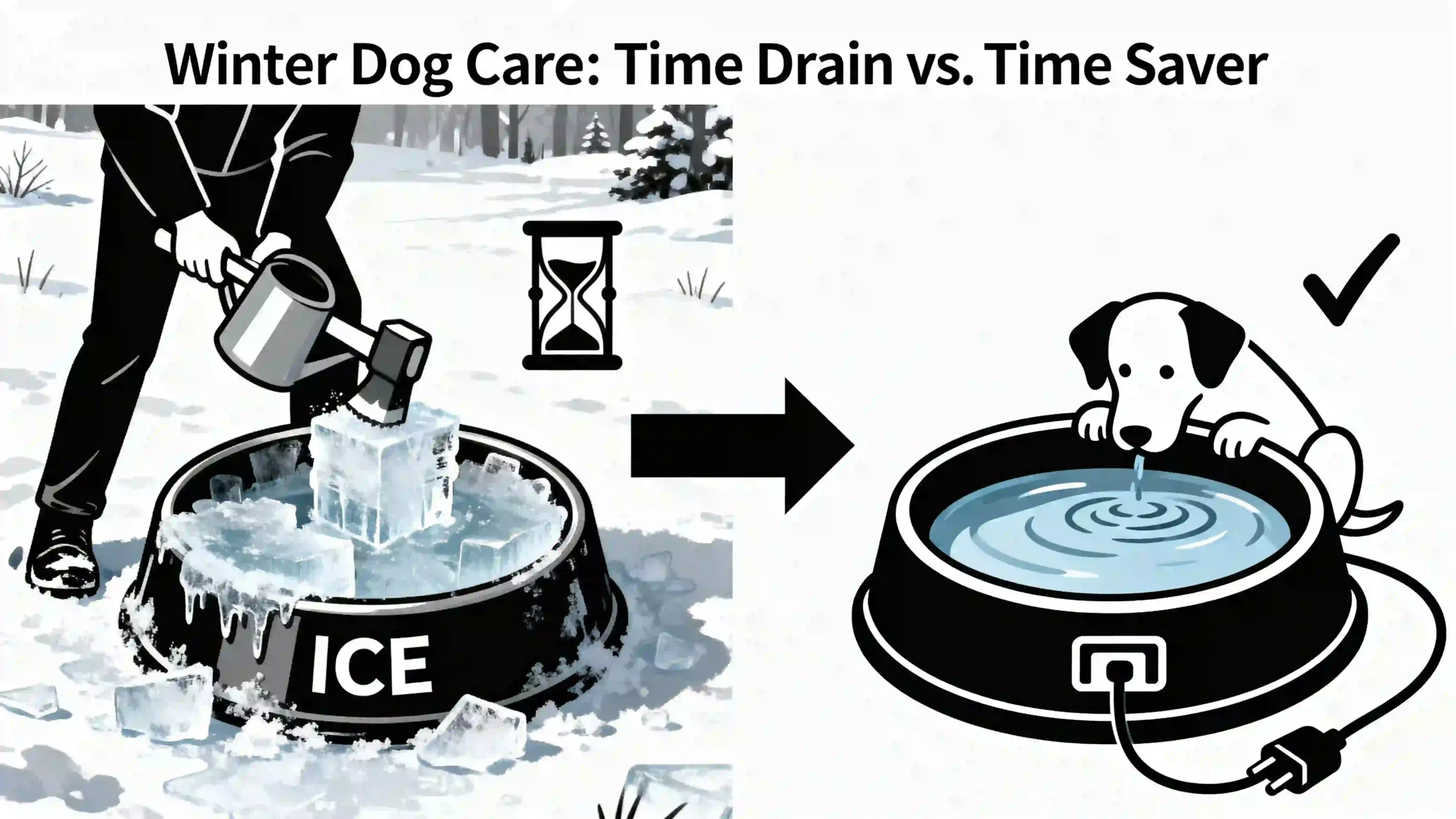 comparing the chore of chipping ice from a frozen dog bowl versus the convenience of a heated dog bowl that saves time.