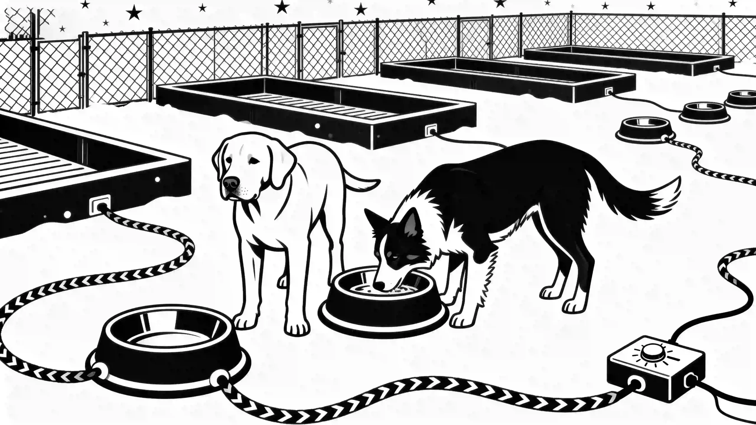 A minimalist black and white line-drawing illustrating a kennel with dogs drinking from heavy-duty heated bowls. The bowls have thick, chew-resistant cords and thermostatic controls. Snow is falling outside, highlighting the functionality of the bowls in cold weather. The simple and clean lines emphasize the practicality and durability of the setup for winter conditions.