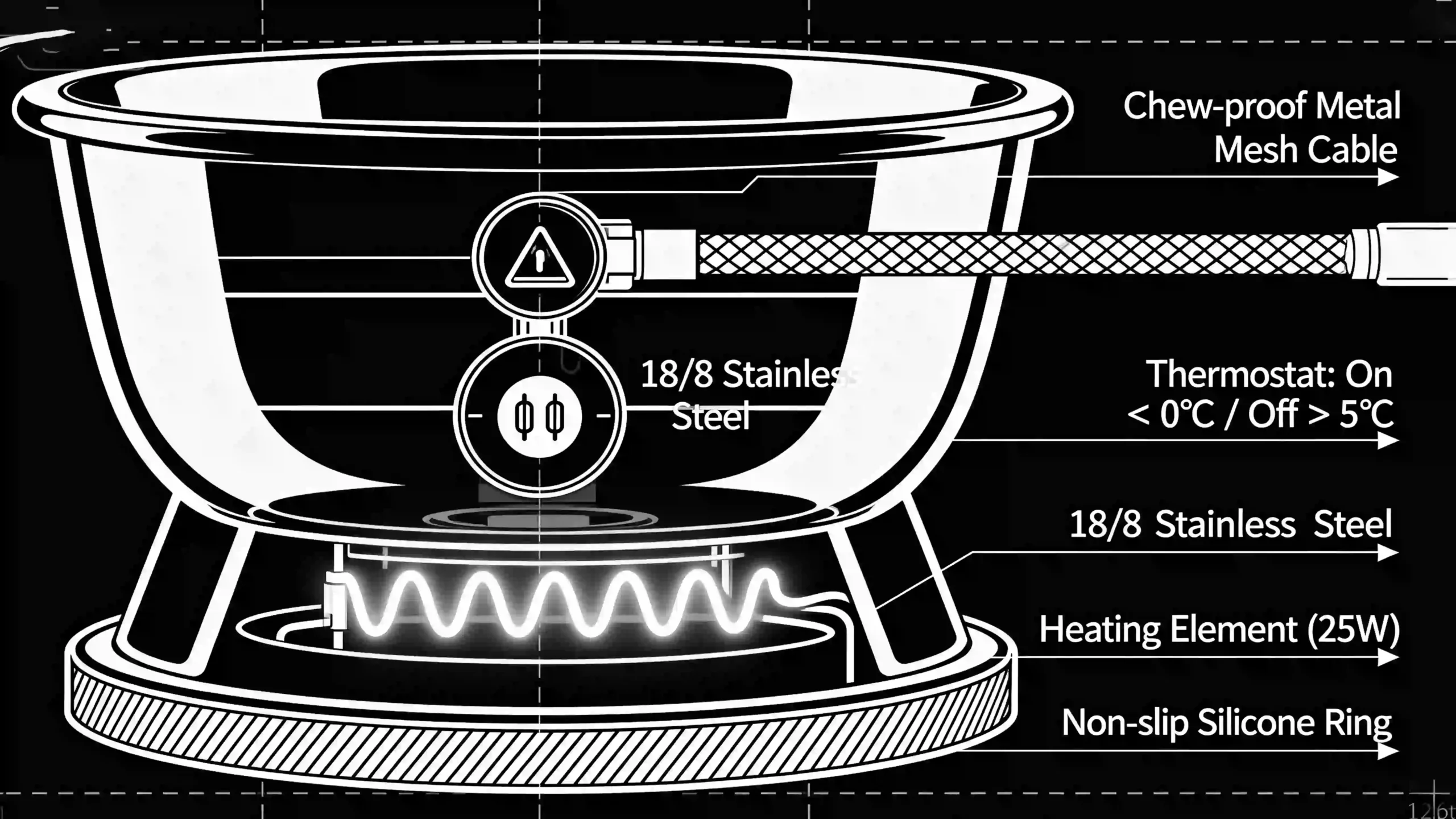 a heated dog bowl showing the internal heating element, thermostat, stainless steel construction, and chew-proof cord.