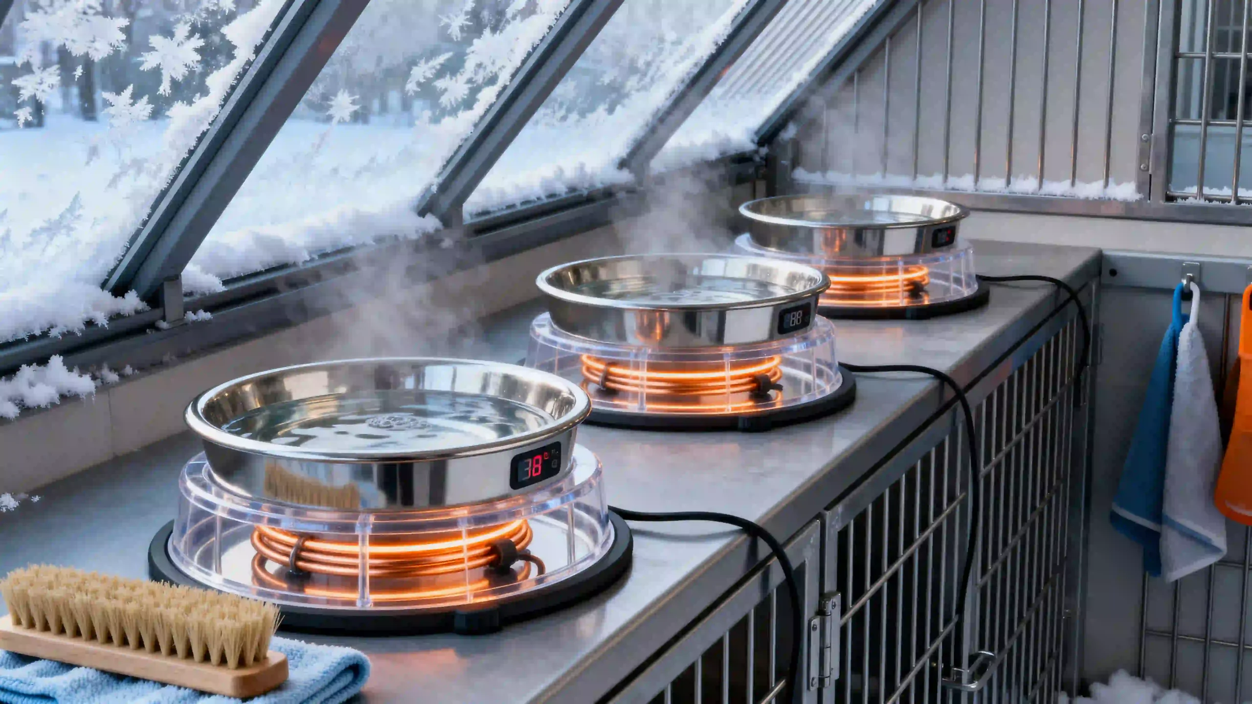 A close-up view of a row of well-insulated heated dog bowls, demonstrating a labor-saving system that reduces maintenance and improves efficiency in a kennel.