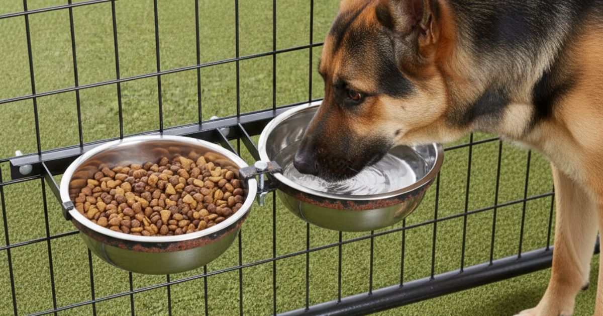 A healthy German Shepherd dog uses an elevated Lucky Dog feeding bowl, which is mounted on the side of a dog crate. The image captures the dog drinking from the bowl.