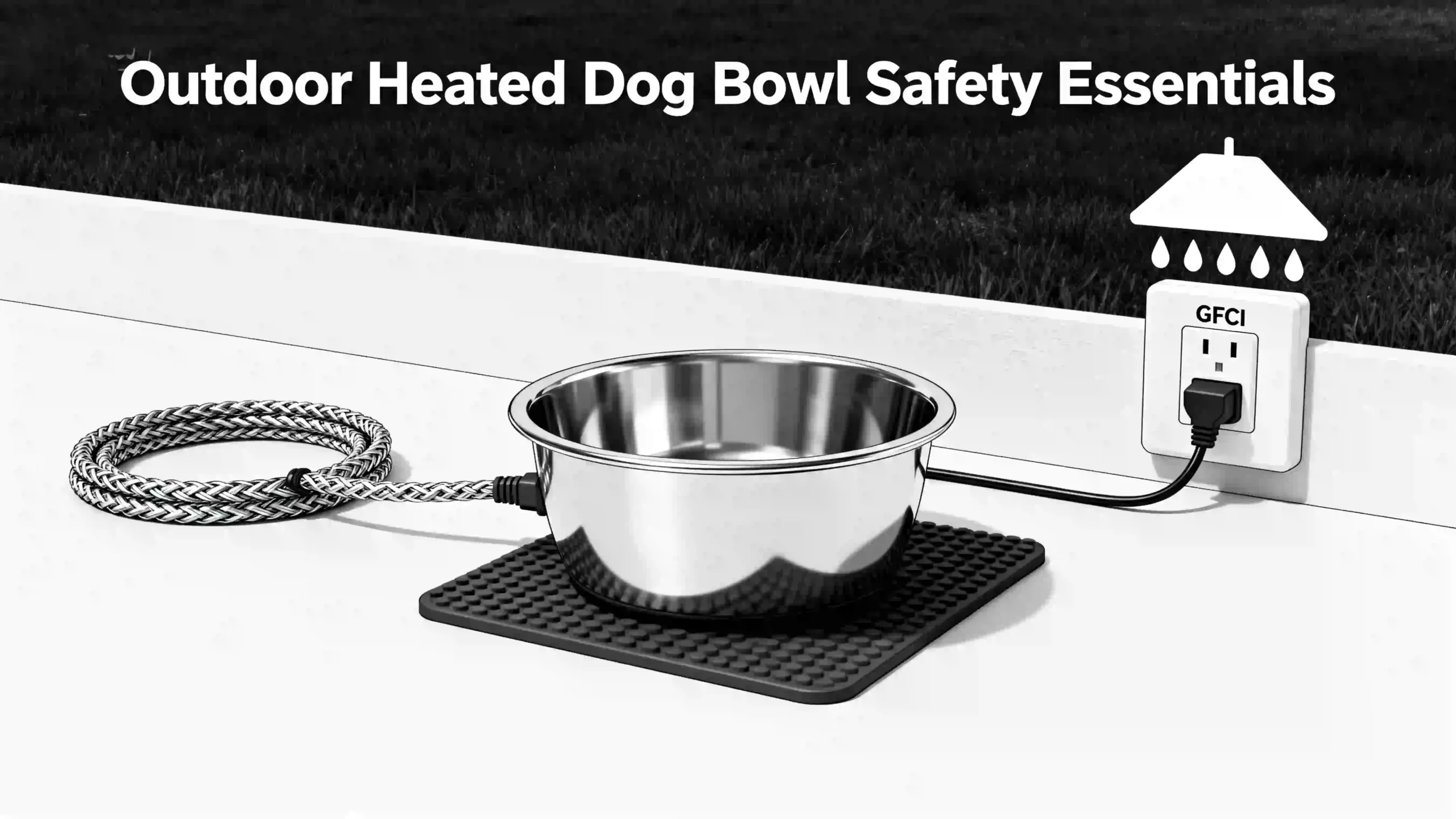 diagram of an outdoor heated dog bowl highlighting key safety features: a chew-proof steel-braided cord, a GFCI outlet, and sheltered placement.