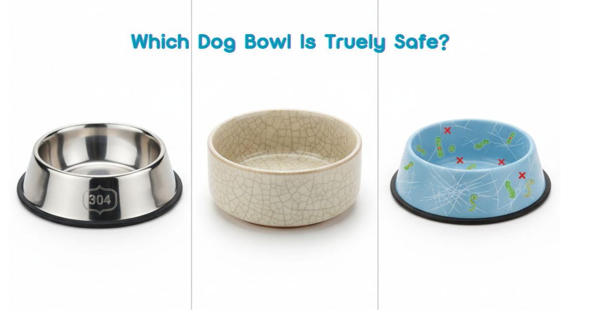 Top view of shiny stainless steel dog bowls showing 18/8, 304, and 316 food-grade options for safe, rust-free pet feeding.