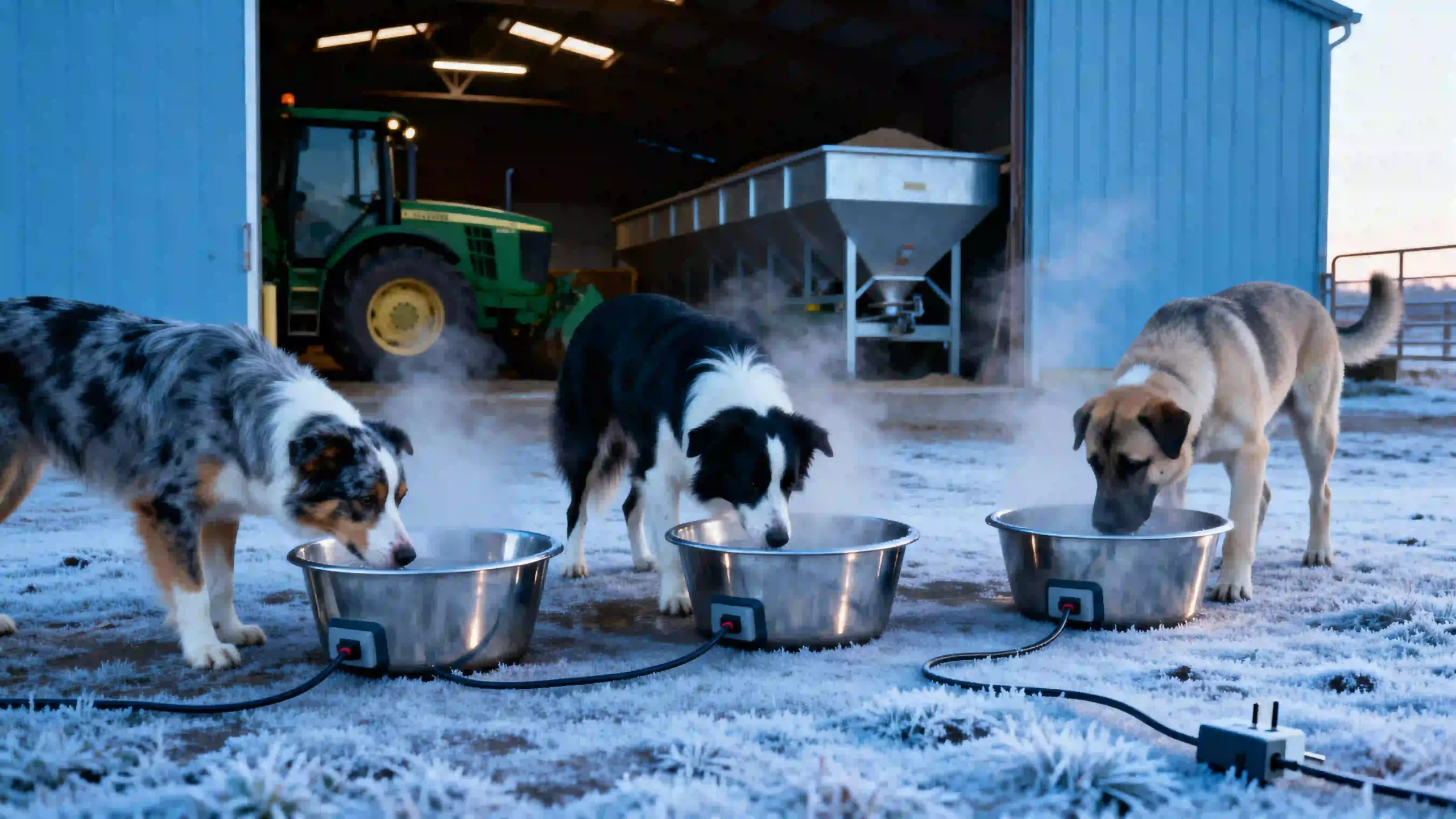 Three working dogs (an Australian Shepherd, a Border Collie, and an Anatolian Shepherd) drink from separate, identical stainless steel heated dog bowls at the entrance of a large farm feed barn on a frosty morning. Each bowl is connected via chew-resistant cords to a centralized, multi-outlet power hub, demonstrating a scalable and efficient heated water system for multiple dogs on a large property. The scene emphasizes the labor-saving and cost-effective solution for ensuring hydration in cold weather.