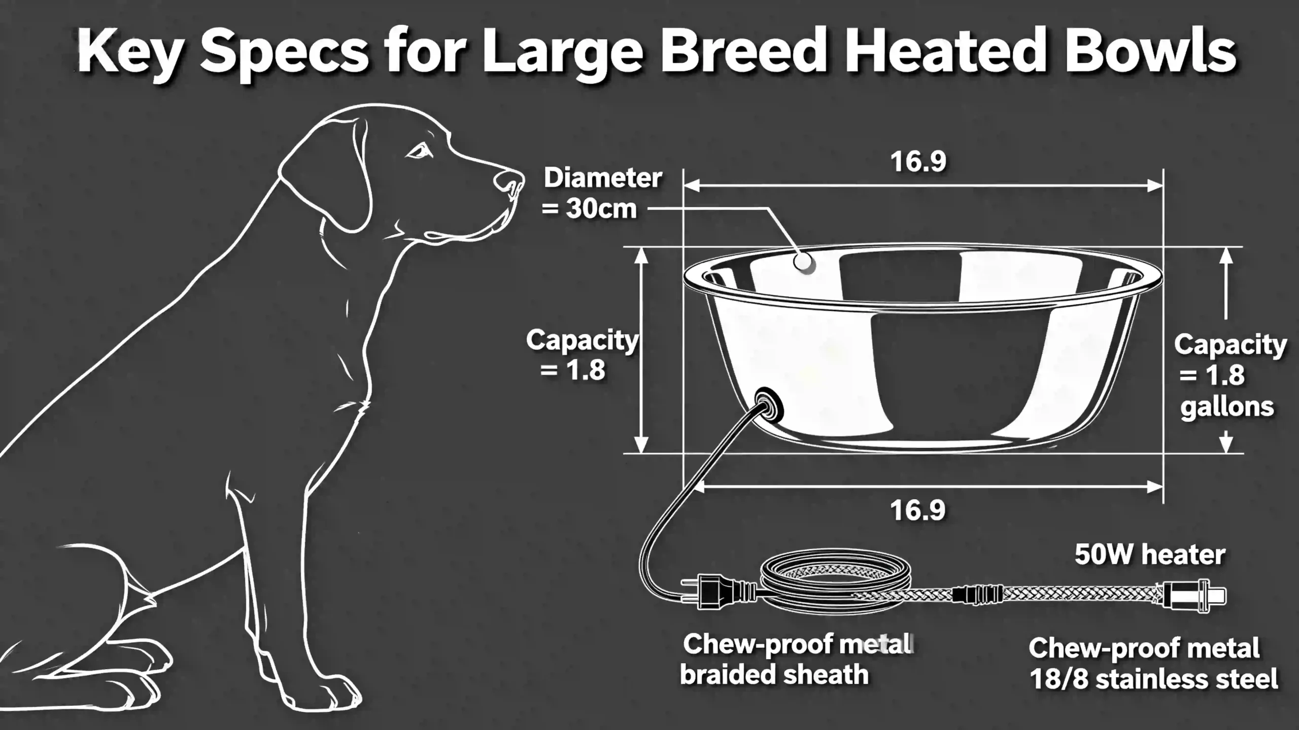 Minimalist black-and-white line-drawing technical diagram comparing a large dog (Labrador) to a heated bowl’s cross-section. Labeled specs include 30cm diameter, 1.8-gallon capacity, 50W heating, chew-proof cord, and 18/8 stainless steel. Ideal for kennels in cold climates.