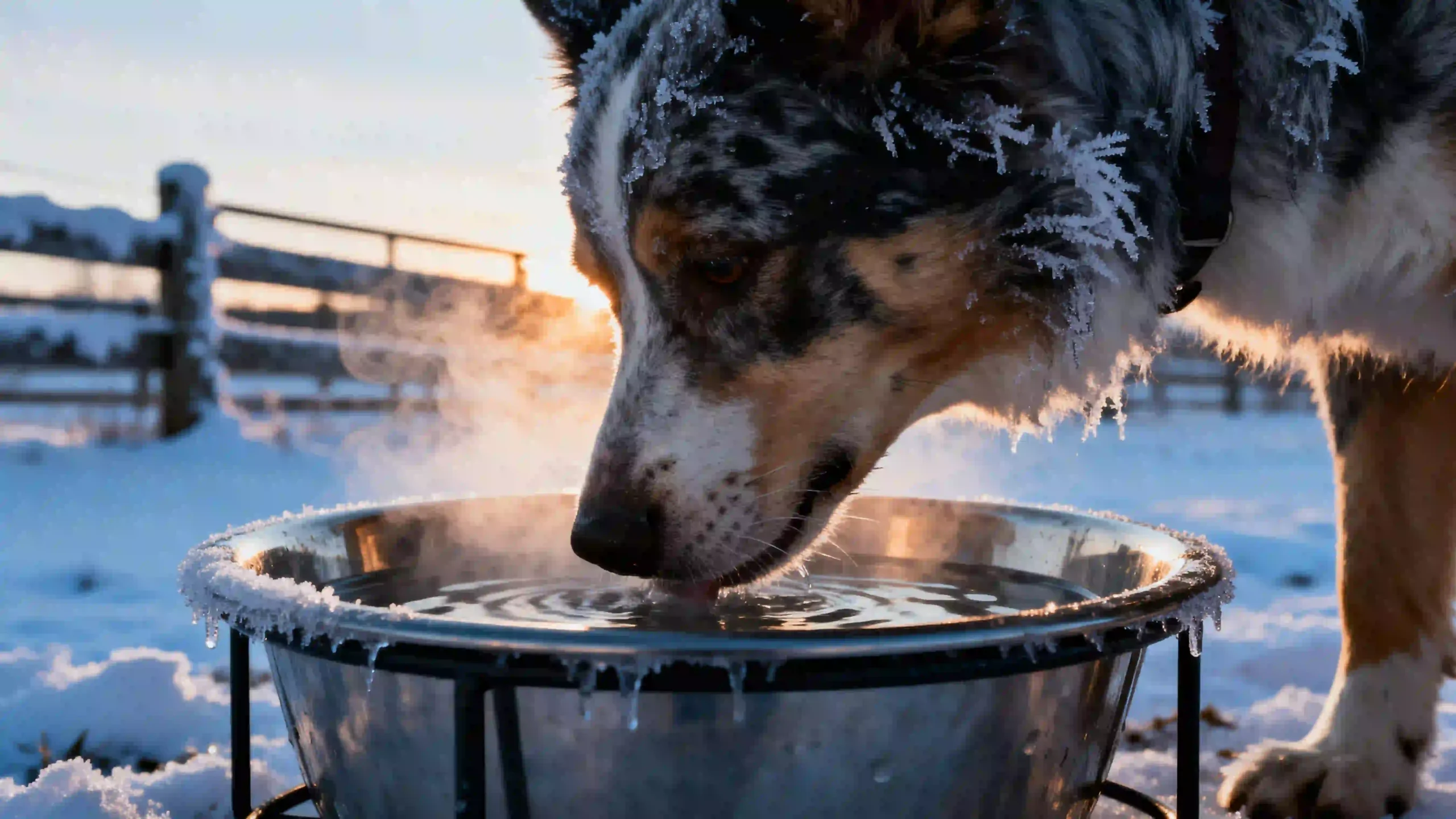 A close-up, dramatic photo of a tired Australian Shepherd with frost on its fur drinking eagerly from a durable, well-used stainless steel heated dog bowl. Thick steam rises from the unfrozen water inside the bowl, contrasting with the thin ice on its rim and the dog's own breath in the frigid air. The background shows a blurry, snow-covered farm fence under a bleak winter sky, with a beam of warm light illuminating the dog and bowl, symbolizing hope and reliable care against the harsh elements.