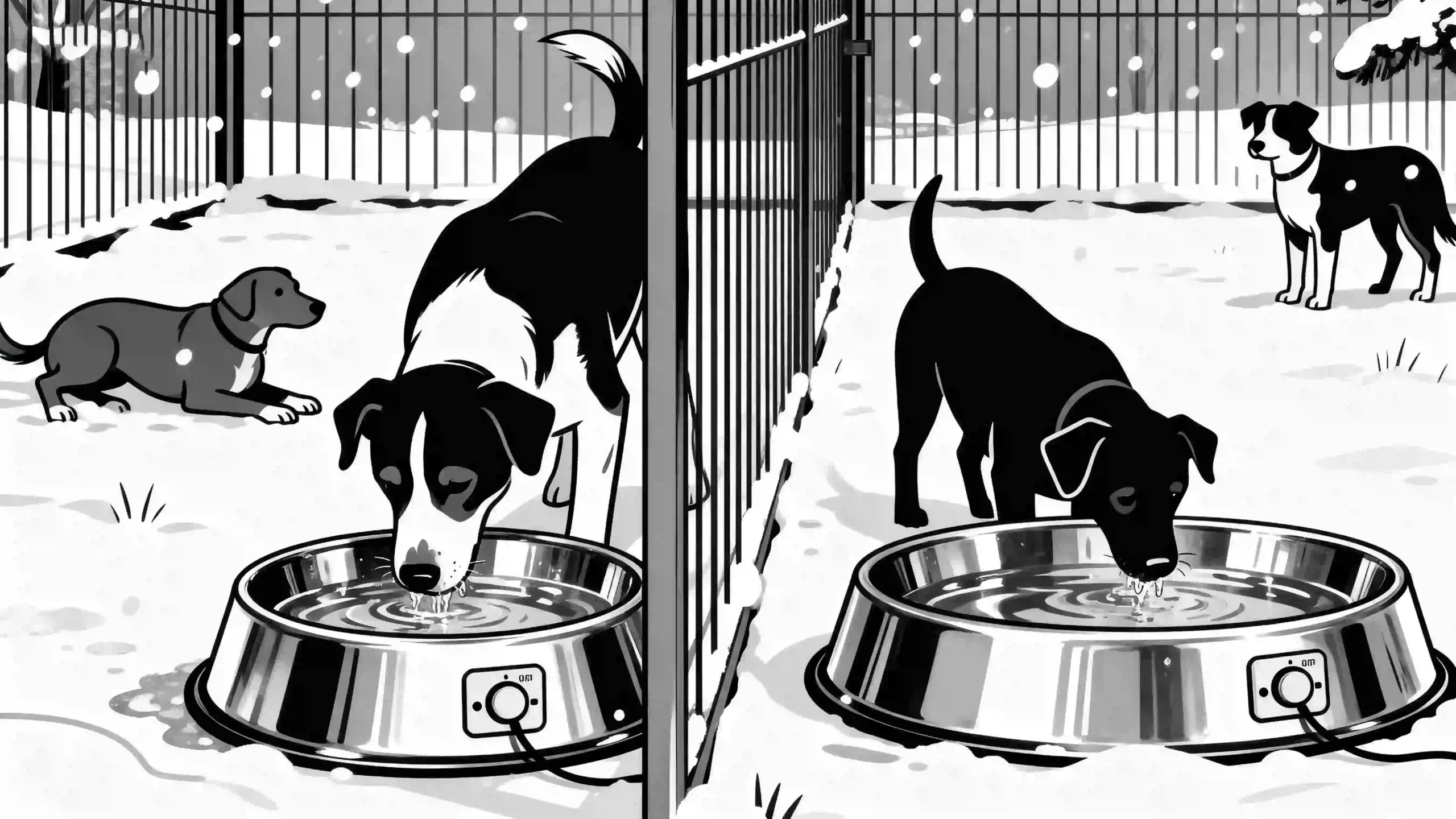 A minimalist black-and-white line-art illustration of a winter kennel. Several dogs drink from heated stainless steel water bowls while snow falls outside. The bowls have visible thermostatic controls, ensuring the water stays unfrozen. The clean and simple lines emphasize the cozy, serene atmosphere of the scene.