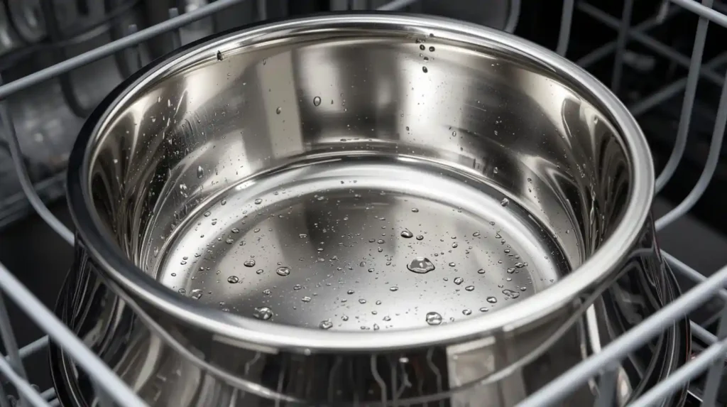 Stainless steel dog bowl being cleaned in dishwasher with water droplets visible