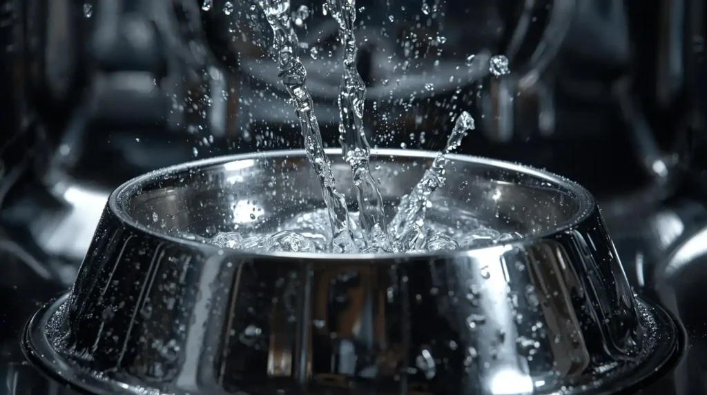 Stainless steel dog bowl being cleaned in a dishwasher with water droplets and shine