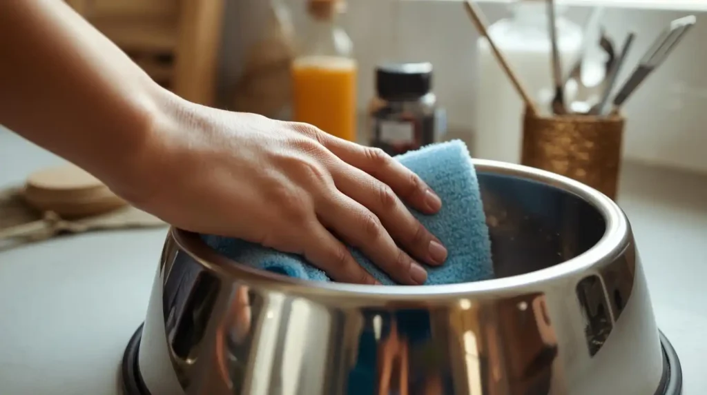 Hand cleaning inside stainless steel dog bowl with soft sponge