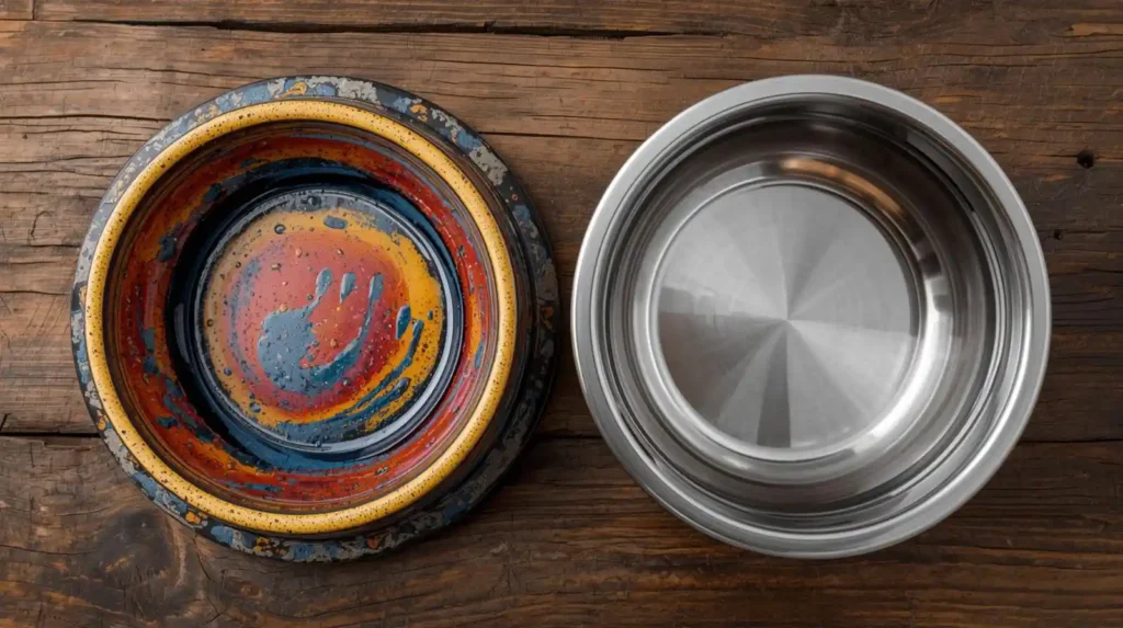 Decorative ceramic dog bowl with colorful glaze next to plain stainless steel dog bowl
