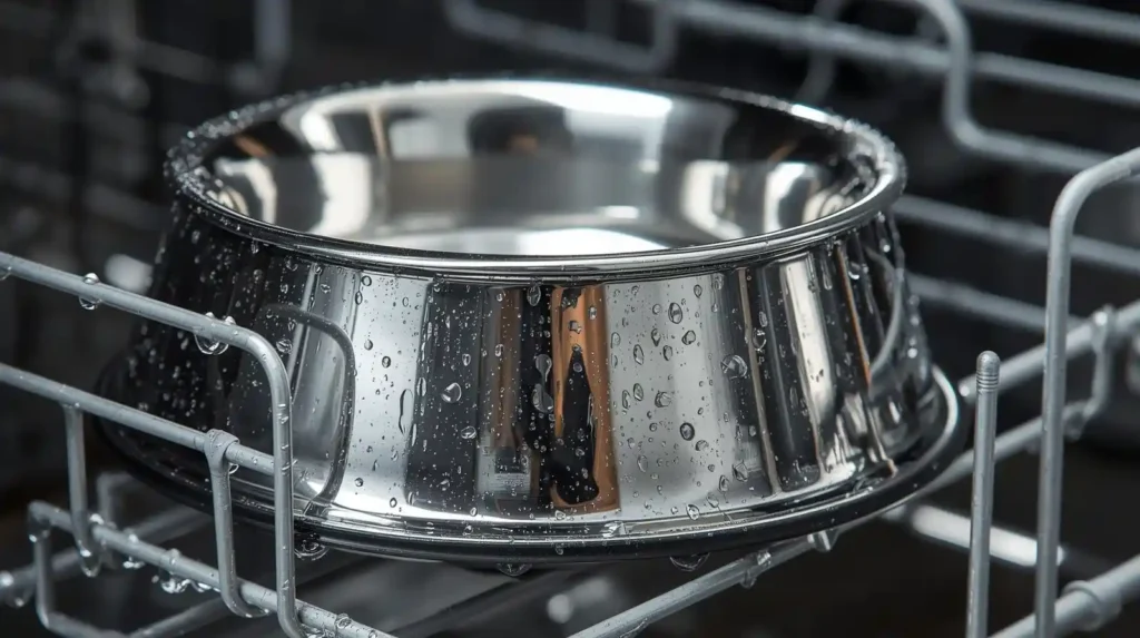 Stainless steel dog bowl placed inside dishwasher rack for sanitizing