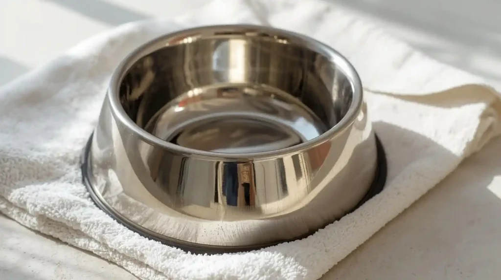 Stainless steel dog bowl air-drying on towel after cleaning