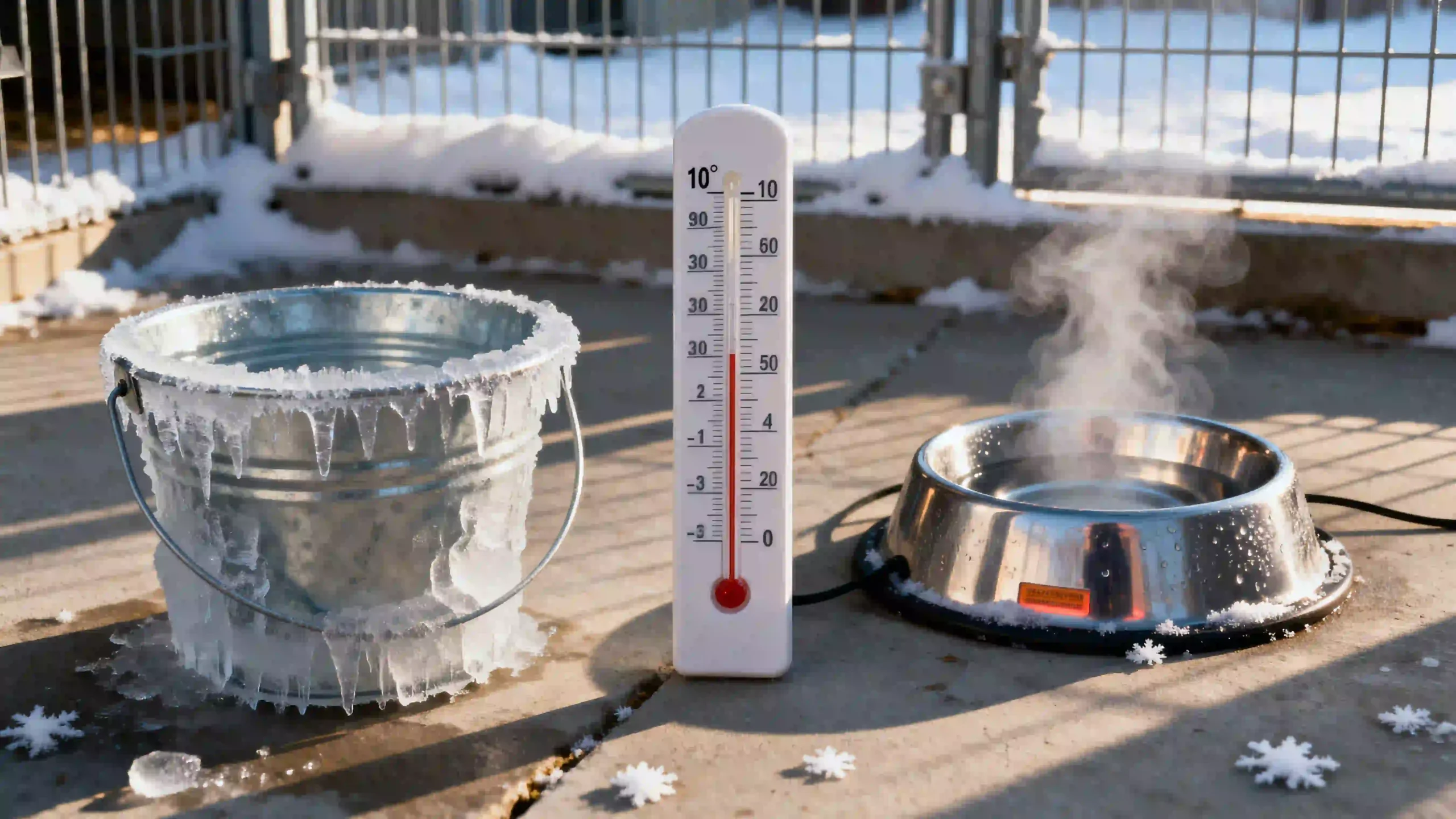 Side-by-side comparison in 16:9 ratio: A frost-covered metal water bucket (left) vs. a steaming heated dog bowl (right) in a snowy kennel at -10°C. Demonstrates the critical importance of frost-proof pet hydration systems for animal care facilities during winter. Key considerations: ice prevention, energy-efficient heating, and reliable water access for dogs.