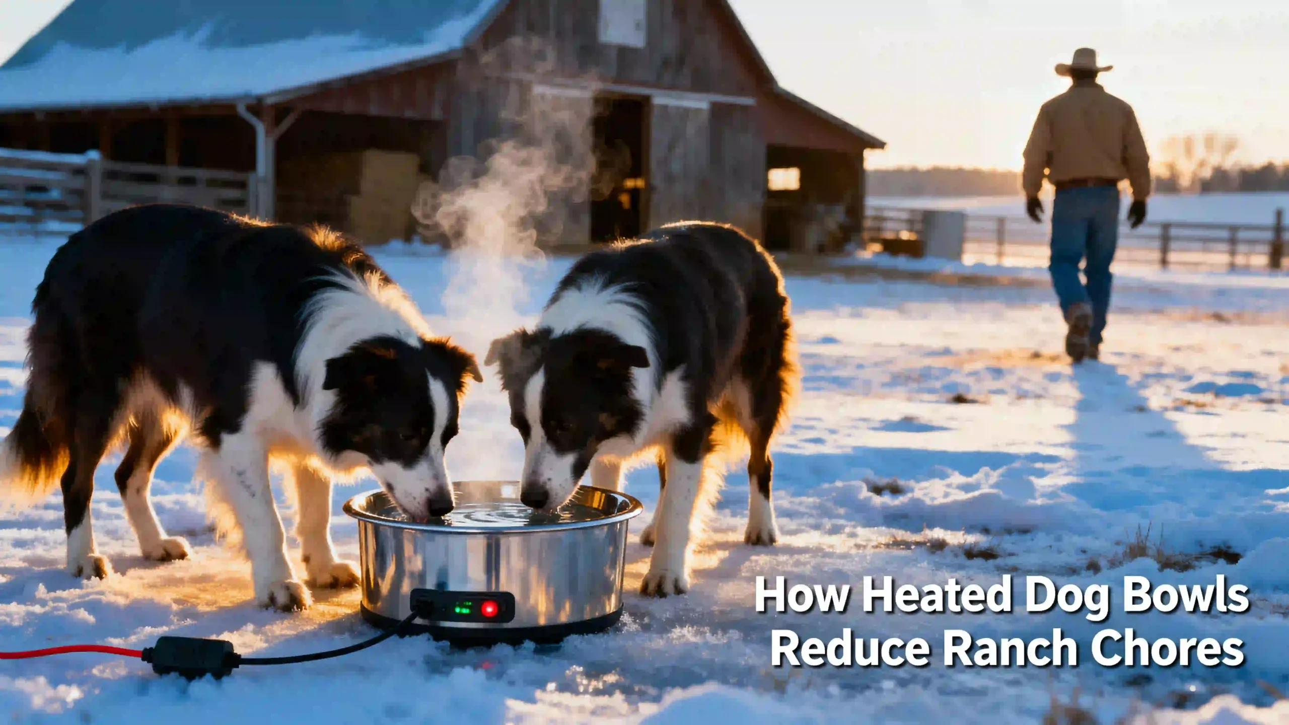 Farm Innovators heated dog bowl keeps water ice-free for working dogs in Montana ranch, reducing winter chores by 50%