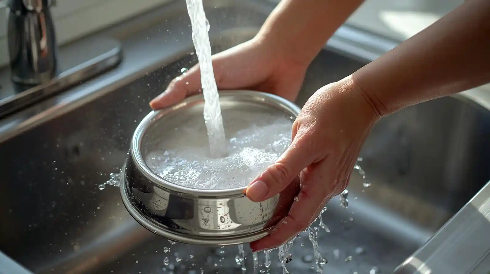 Owner washing a stainless steel dog bowl with hot water and soap in a kitchen sink