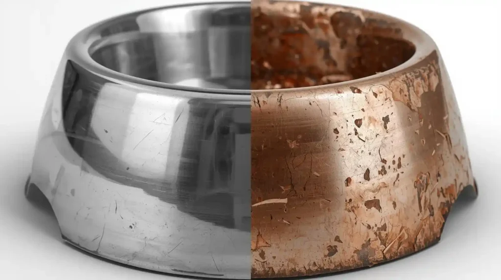 Polished stainless steel dog bowl compared with scratched plastic bowl highlighting hygiene differences