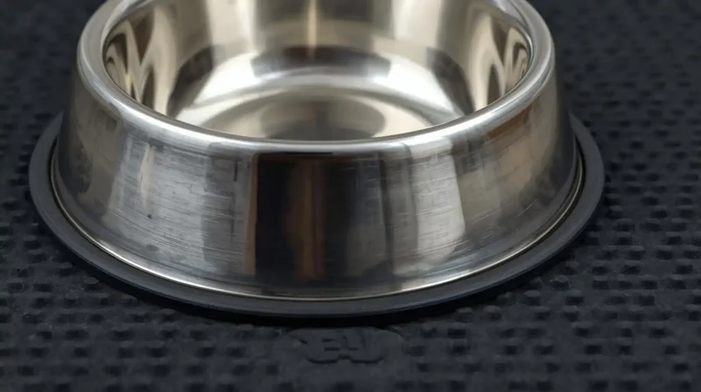 Stainless steel dog bowl placed on a non-slip rubber mat for stability