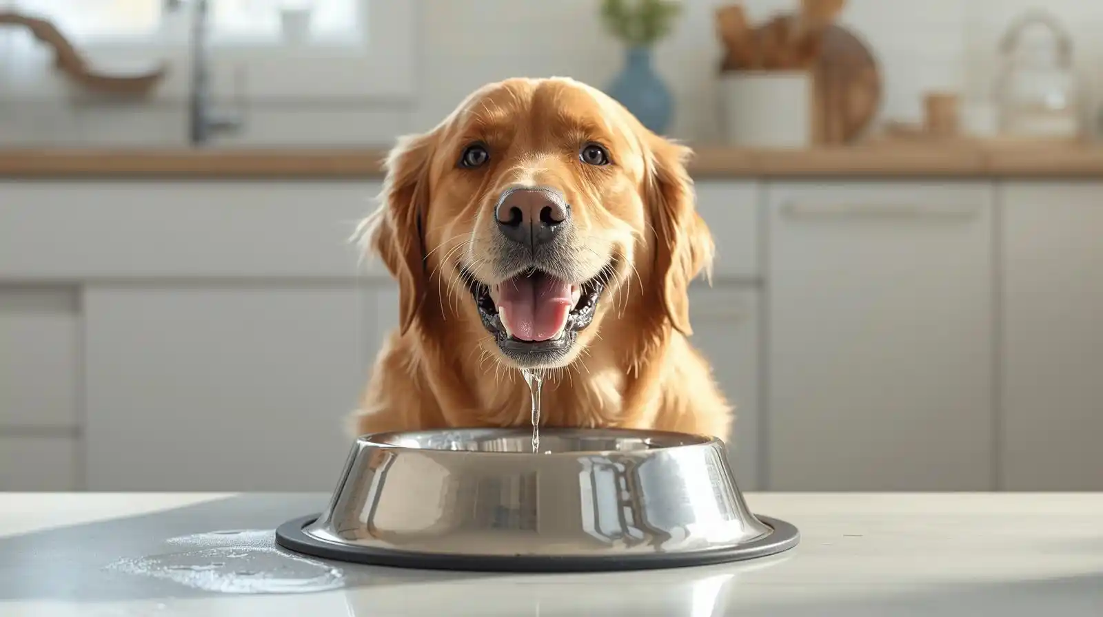 Golden retriever drinking from a food-grade stainless steel dog bowl in a clean modern kitchen