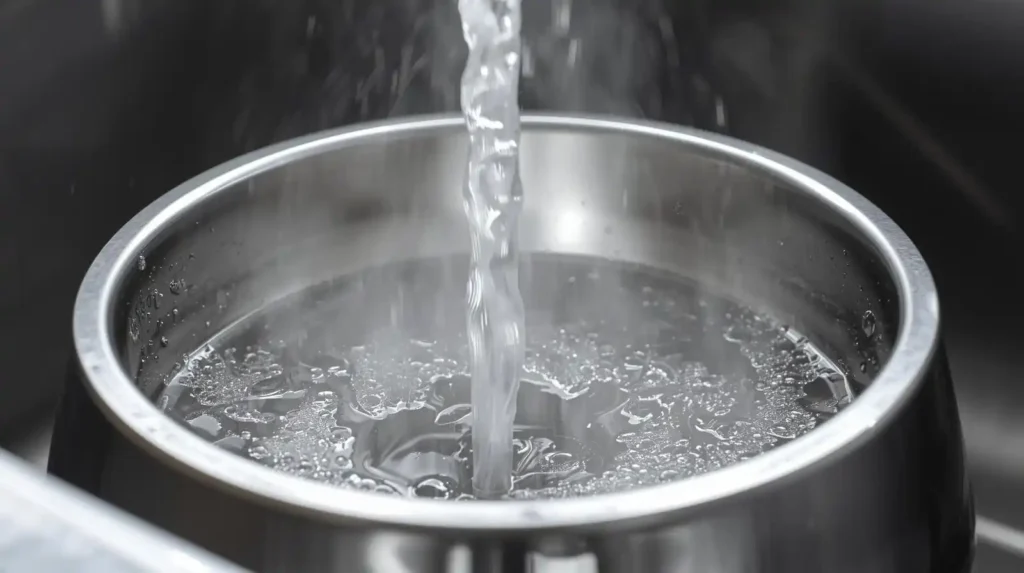 Stainless steel dog bowl under running water being sanitized