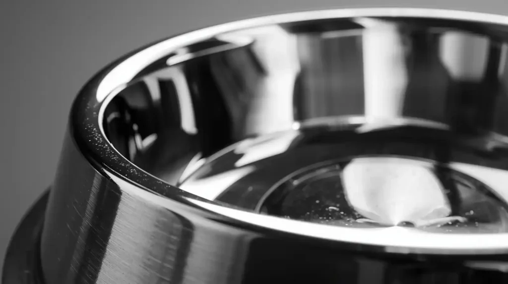 Close-up polished stainless steel dog bowl surface showing smooth and hygienic finish