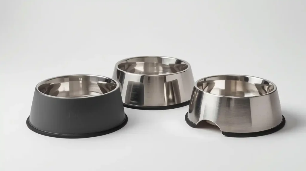 Different sizes and finishes of stainless steel dog bowls side by side