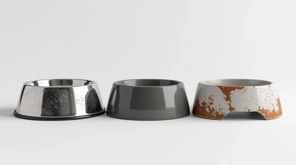 Comparison of stainless steel, plastic, and ceramic dog bowls highlighting safety differences