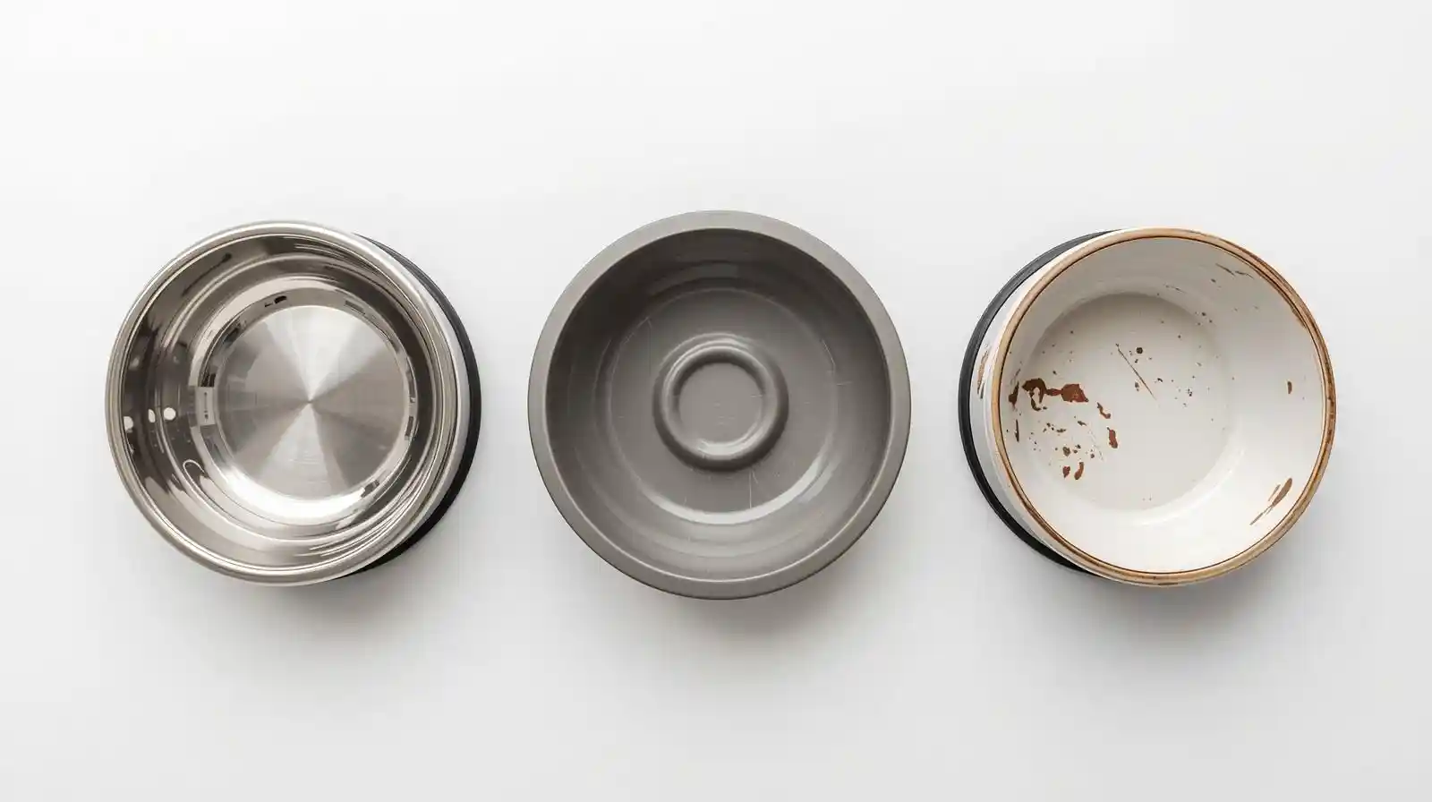 Comparison of stainless steel, plastic, and ceramic dog bowls on a clean white background