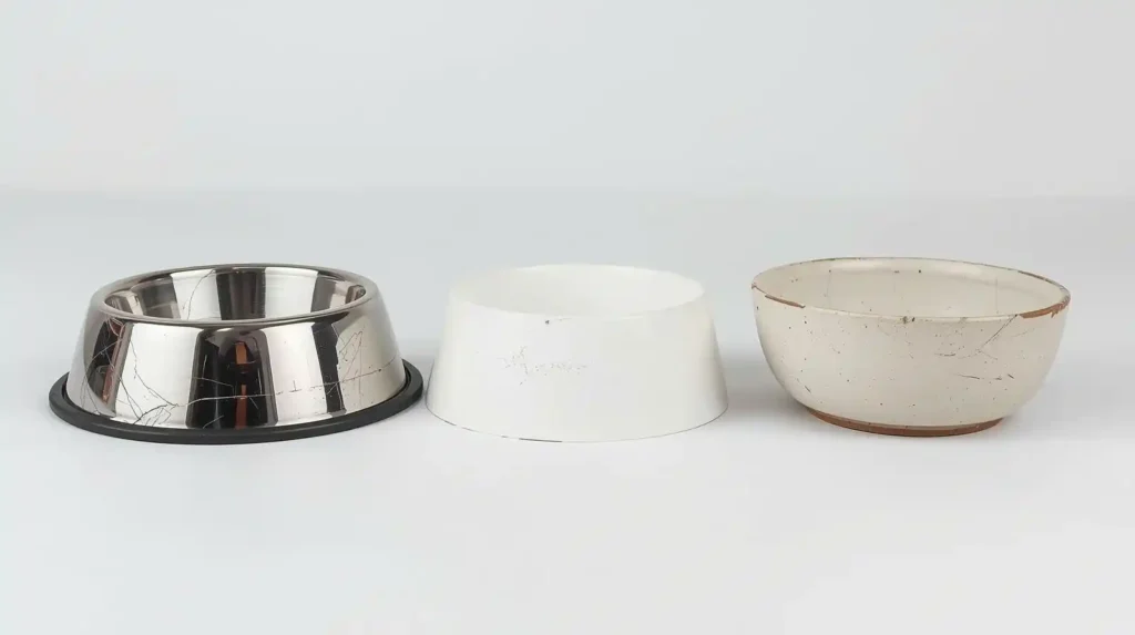 Comparison of stainless steel, plastic and ceramic dog bowls showing wear differences