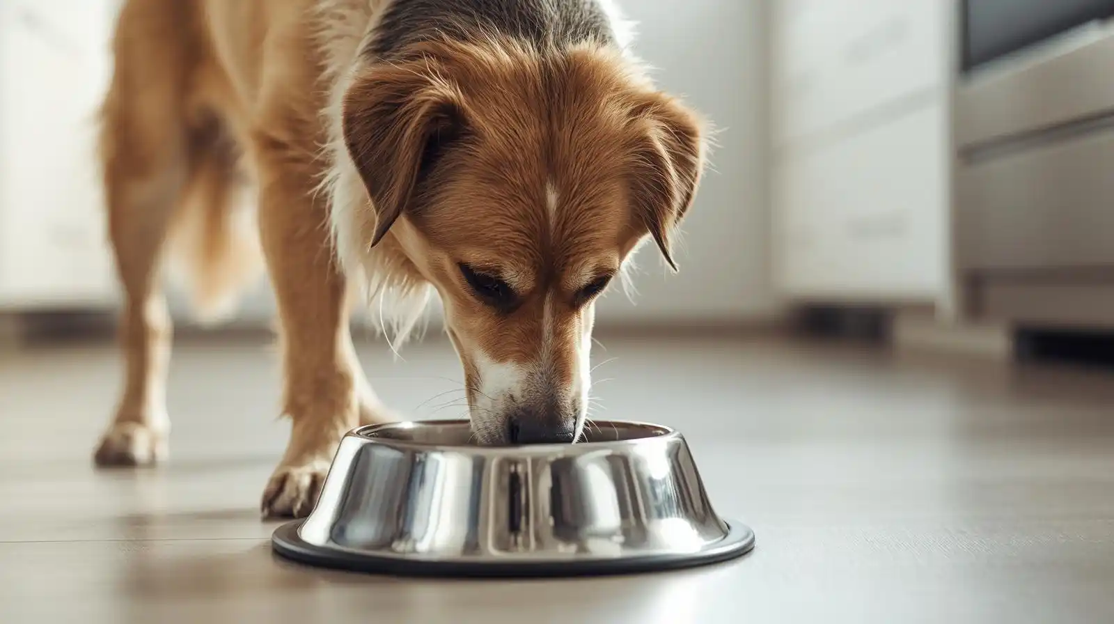 Dog eating from a food-grade stainless steel dog bowl in a clean kitchen environment